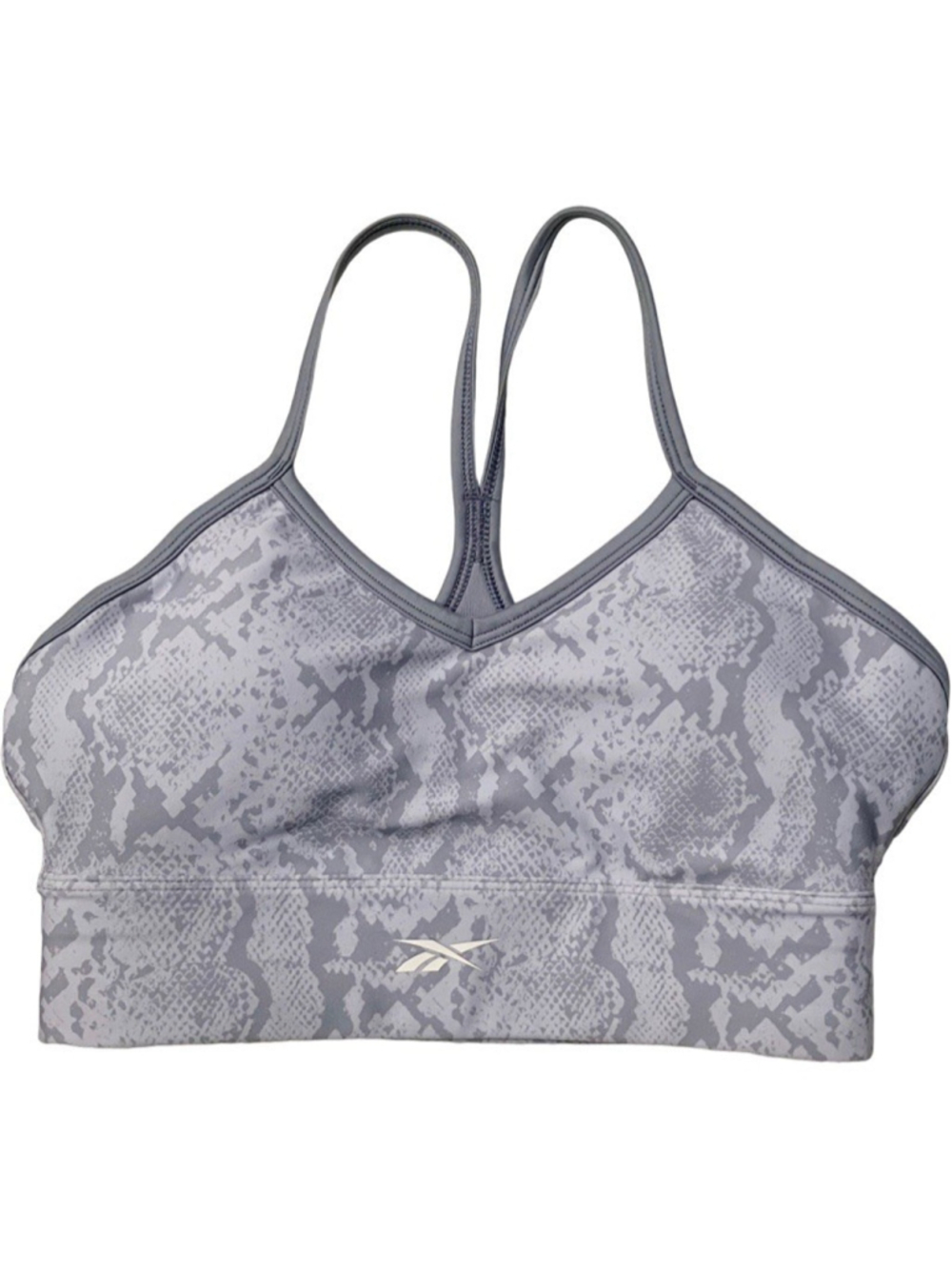 Reebok ID Train Sports Bra SMALL Gray Snake Print Yoga Everyday Athleisure NEW